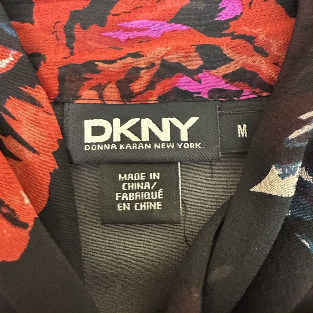 DKNY Black Red Floral Neck Bow Tie 3/4 Sleeve Semi-Sheer Blouse w/Camisole Sz M - Picture 6 of 16